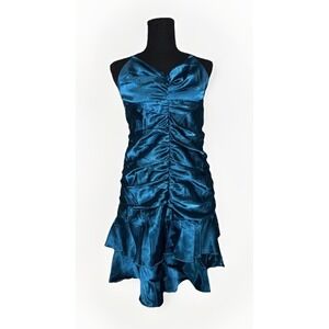 VTG Y2K Teal Satin Ruched Halter Ruffle Mini Dress Size 8 Medium Mardi Gras